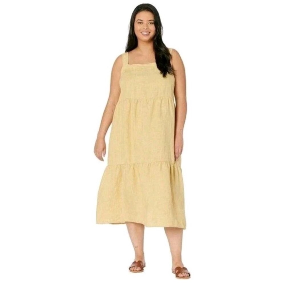 Eileen Fisher Organic Linen Delave Yellow Tiered Midi Dress Sleeveless
